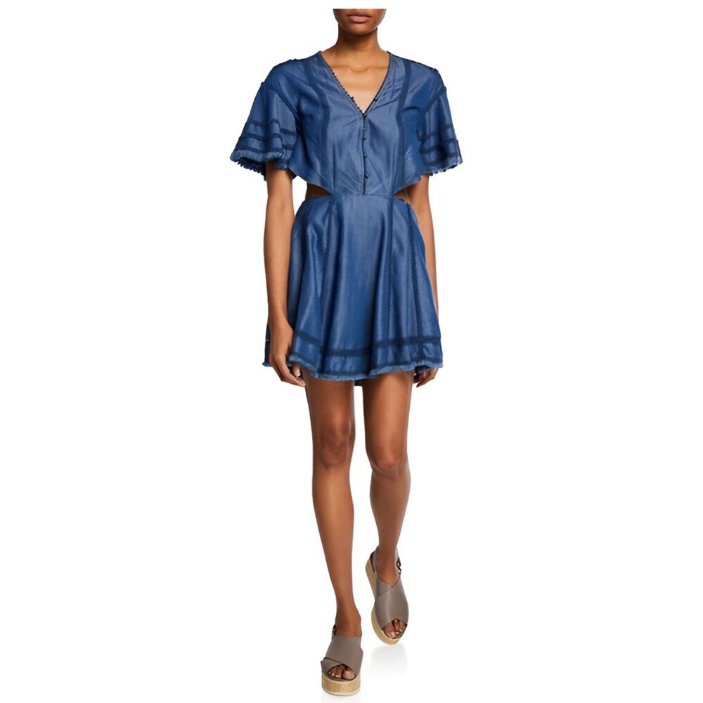 Jonathan Simkhai NWOT Chambray Cutout Mini Dress Blue Flutter Sleeve V-Neck M